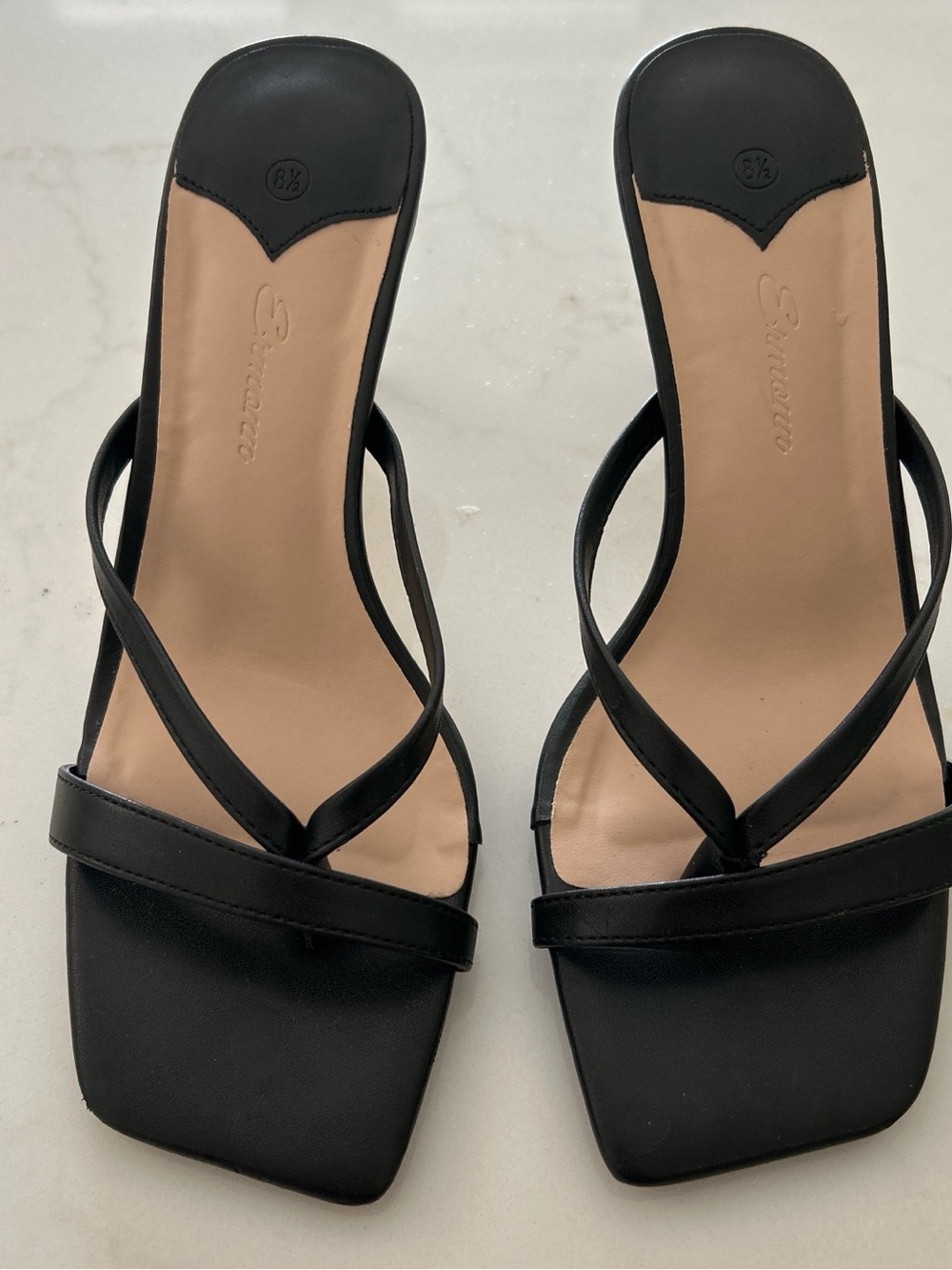 Women's Black kitten heel Strappy thong. Square-Toe Slide Sandals